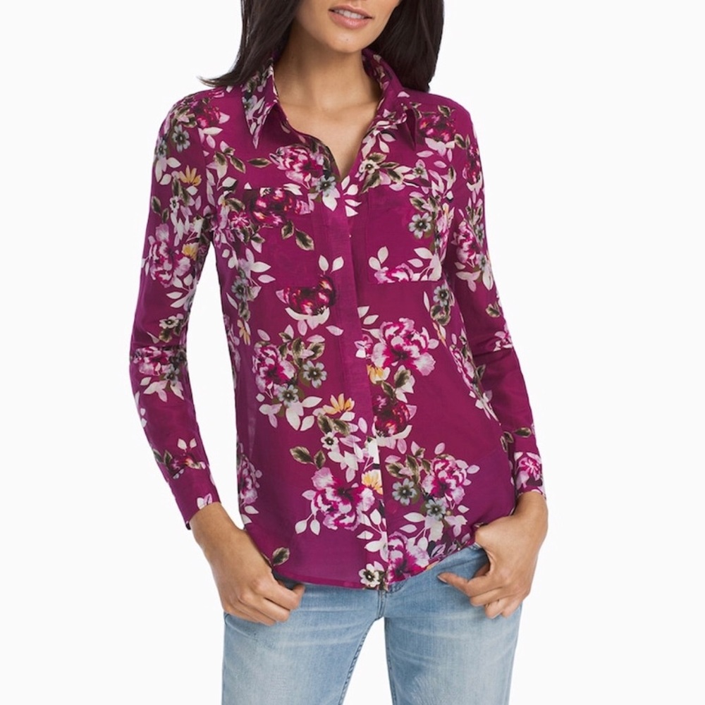 WHBM | Floral Button-Up Shirt Size 6 Fuchsia Purple Long Sleeve